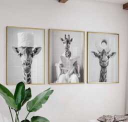 Funny Giraffe Wall Art Set - Black & White Prints, Quirky Animal Art, Stylish Poster Trio, Modern Decor - thumbnail 1