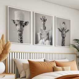 Funny Giraffe Wall Art Set - Black & White Prints, Quirky Animal Art, Stylish Poster Trio, Modern Decor - thumbnail 2