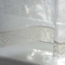 Rustic Linen Valance With Crochet Lace Edge, Ivory Kitchen Cafe Curtain - thumbnail 2