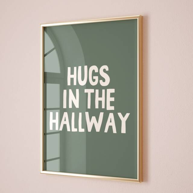 Hugs in The Hallway, Unframed Card Art Print, Entryway Wall Decor, Family Home Green & Cream - image 1