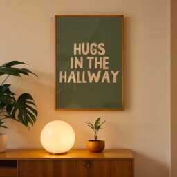 Hugs in The Hallway, Unframed Card Art Print, Entryway Wall Decor, Family Home Green & Cream - thumbnail 2