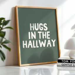 Hugs in The Hallway, Unframed Card Art Print, Entryway Wall Decor, Family Home Green & Cream - thumbnail 3