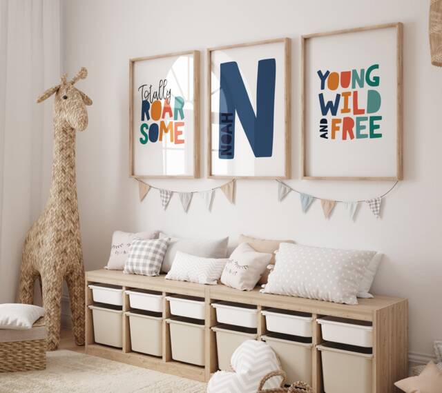 Set Of 3 Boys Bedroom Wall Art, Nursery Prints, Jungle Boho Safari Orange Teal Blue, Art - image 1
