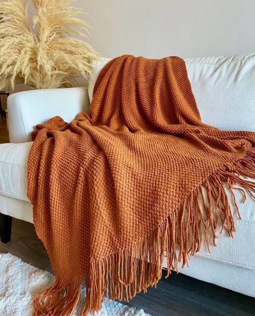 Burnt Orange Acrylic Throw Blanket With Fringe, Cozy Textured Accent Piece - image 1