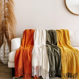 Burnt Orange Acrylic Throw Blanket With Fringe, Cozy Textured Accent Piece - thumbnail 2