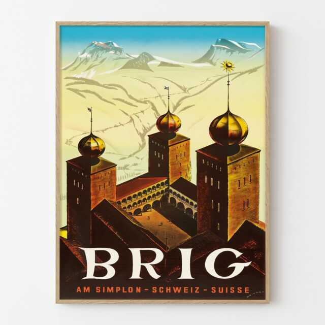 Vintage Brig Switzerland Travel Poster Valais Alps Stockalper Palace Wall Art Print - image 1