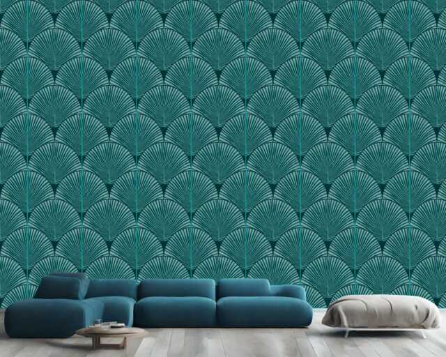 Art Deco Japandi Palms Wallpaper Mural, Teal Peel & Stick Wall Decal - image 1
