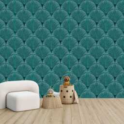 Art Deco Japandi Palms Wallpaper Mural, Teal Peel & Stick Wall Decal - thumbnail 2