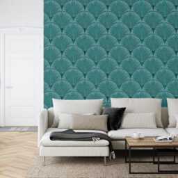Art Deco Japandi Palms Wallpaper Mural, Teal Peel & Stick Wall Decal - thumbnail 3