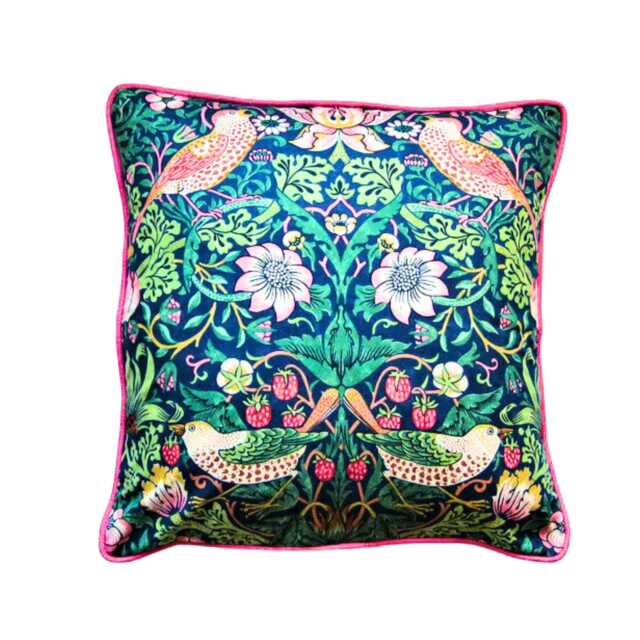 William Morris Strawberry Thief, Arts & Crafts, Blue, Pink Green Birds, Cotton Cushion Cover, Throw Pillow Home Decor - image 1