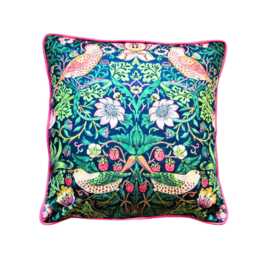 William Morris Strawberry Thief, Arts & Crafts, Blue, Pink Green Birds, Cotton Cushion Cover, Throw Pillow Home Decor - thumbnail 1