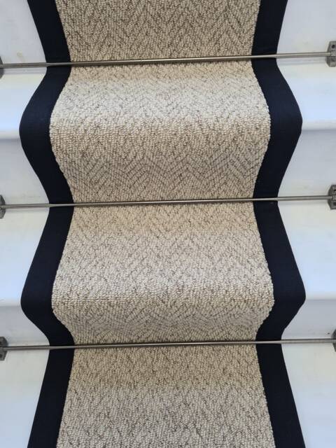Herringbone Beige Biscotti Stair Runner With 100% Cotton Black Border - image 1