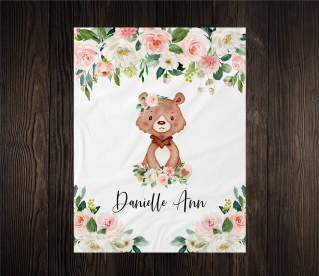 Personalized Baby Name Blanket, Gift, Bear, Custom Coming Home Hospital Shower Gift Birthday Woodland - image 1