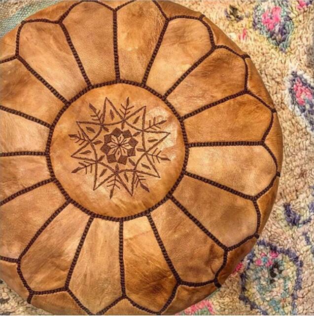 Premium Genuine Leather Moroccan Pouf Pouffe - Natural Caramel/Chocolate
