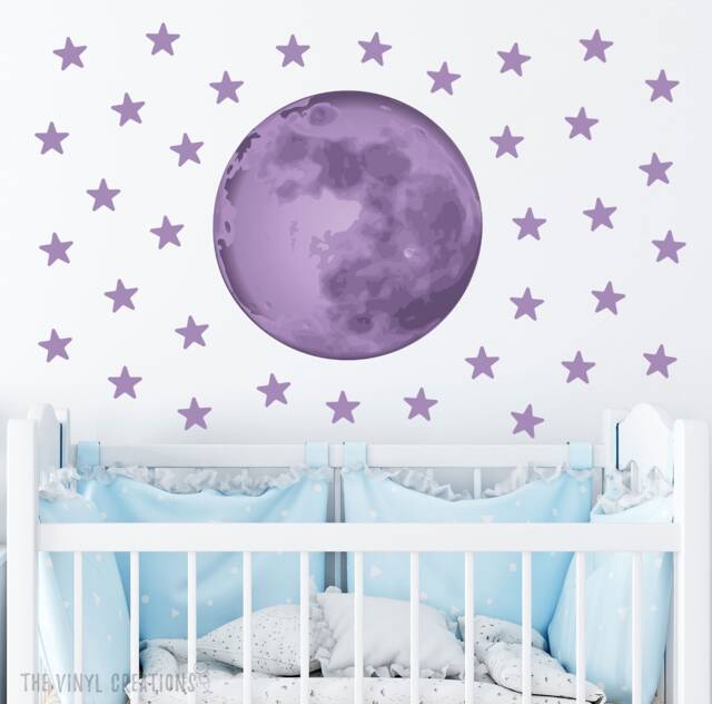 Purple Moon & Stars Watercolor Decal , Removable Wall Sticker Astronaut Space Celestial - Thevinylcreations - image 1
