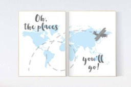 World Map Nursery Art Print Blue Airplane Decor - thumbnail 1