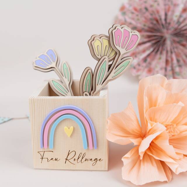 Farewell Gift For A Teacher, Wooden Pencil Cup Rainbow, Box With Name - image 1