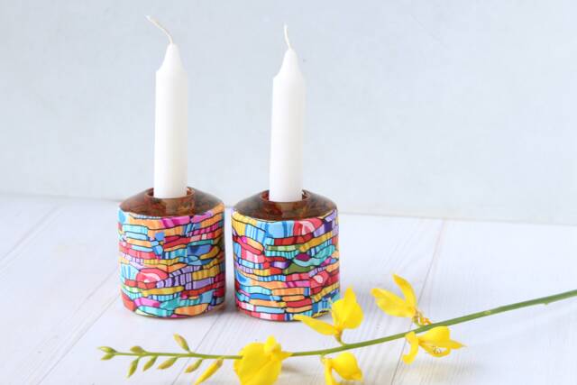 Shabbat Candlesticks - Candle Holder-Jewish Candles-Colorful Gift-Passover Seder Gift - Tea Light-Made in Israel-Bat Mitzvah Gift - image 1