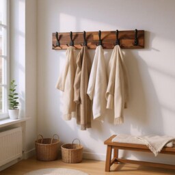 Walnut Coat Rack, Wall Hanger, Heavy Duty Cast Iron Hooks - thumbnail 3