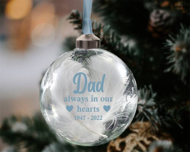 Personalised 8cm Glass Memorial Bauble With Feathers Always in Our Hearts in 11 Colours - image 1