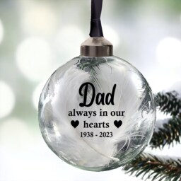 Personalised 8cm Glass Memorial Bauble With Feathers Always in Our Hearts in 11 Colours - thumbnail 2