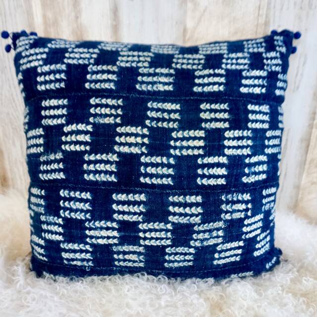 Indigo Blue Mud Cloth Pillow Cover, Vintage Hand Dyed African Fabric - image 1