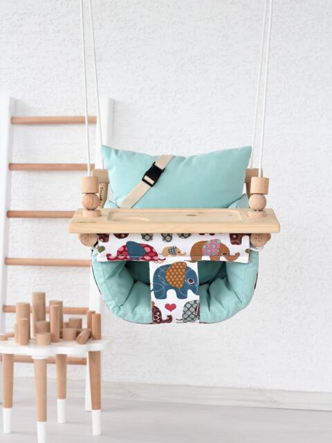 Elephant Fabric Baby Swing Handmade Wooden Montessori Highchair - image 1