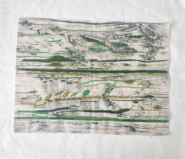 Green Landscape Hand Embroidery Art, Textile Wall Decor - image 1