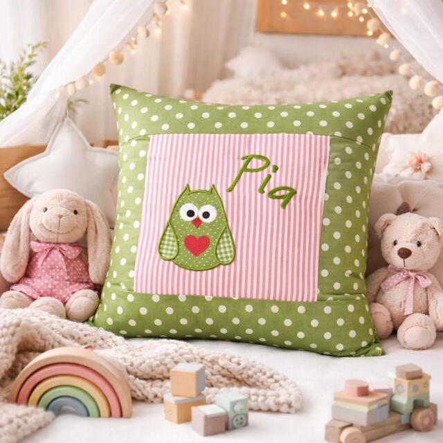 Embroidered Cushion Owl + Name //Red - Green// 40x40 Pillowcase Gift Cuddly Cushion Snuggle Name - image 1