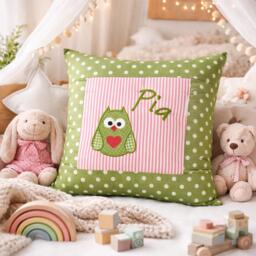Embroidered Cushion Owl + Name //Red - Green// 40x40 Pillowcase Gift Cuddly Cushion Snuggle Name - thumbnail 1