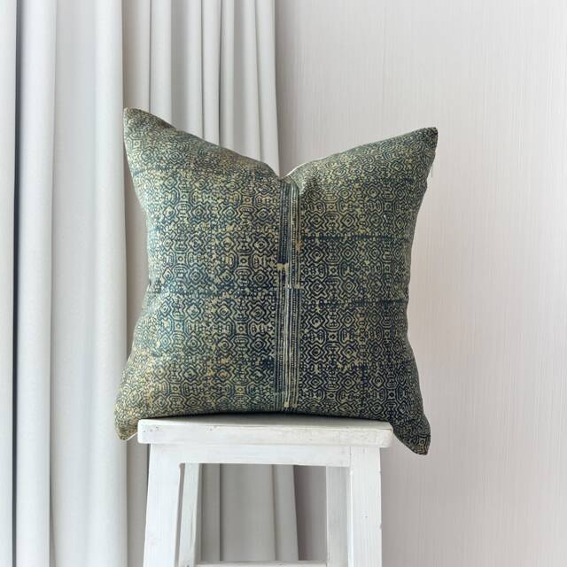 Handmade Hmong Pillow Cover Brown & Blue Boro Design, 18 Inch - image 1