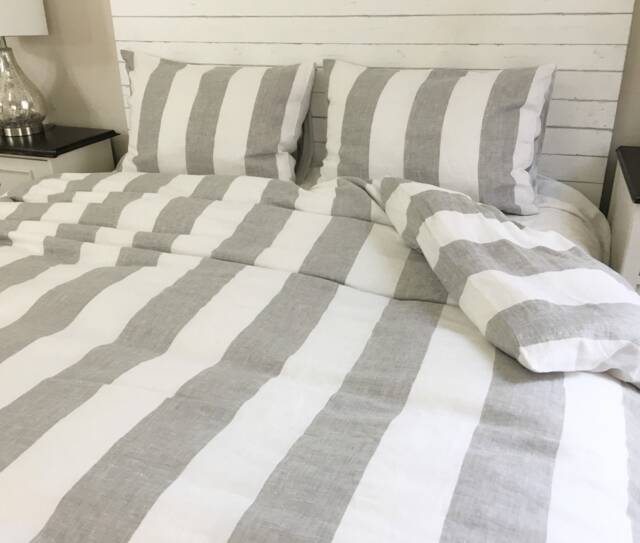 Grey & White Striped Linen Duvet Cover, Yarn Dyed Weaved in Wide Stripe, Custom Made - image 1