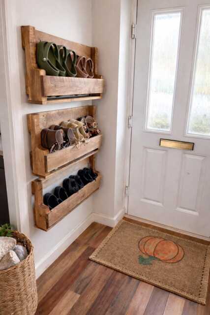 Rustic Wall Mounted Shoe Rack - Reclaimed Pallet Style Solid Wood -Fixings Inc - image 1