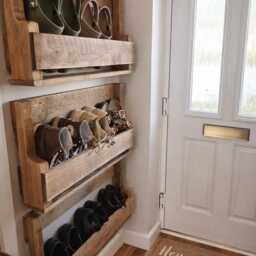 Rustic Wall Mounted Shoe Rack - Reclaimed Pallet Style Solid Wood -Fixings Inc - thumbnail 3