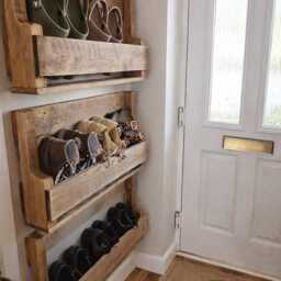 Rustic Wall Mounted Shoe Rack - Reclaimed Pallet Style Solid Wood -Fixings Inc - thumbnail 4