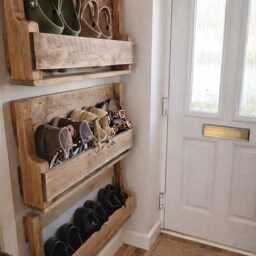Rustic Wall Mounted Shoe Rack - Reclaimed Pallet Style Solid Wood -Fixings Inc - thumbnail 2