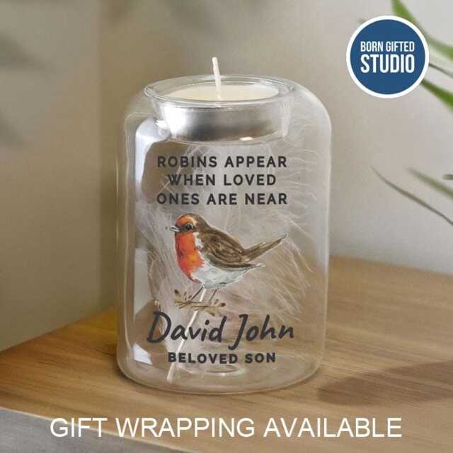 Personalised Robin Memorial Candle Holder - Glass Tealight Remembrance Ornament, Bereavement Keepsake - image 1