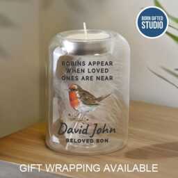 Personalised Robin Memorial Candle Holder - Glass Tealight Remembrance Ornament, Bereavement Keepsake - thumbnail 1