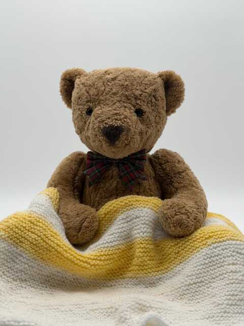 Hand Knit Baby Pram Blanket, White Lemon Stripe, Acrylic Wool, Easy Care - image 1