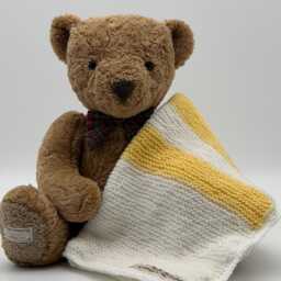 Hand Knit Baby Pram Blanket, White Lemon Stripe, Acrylic Wool, Easy Care - thumbnail 2