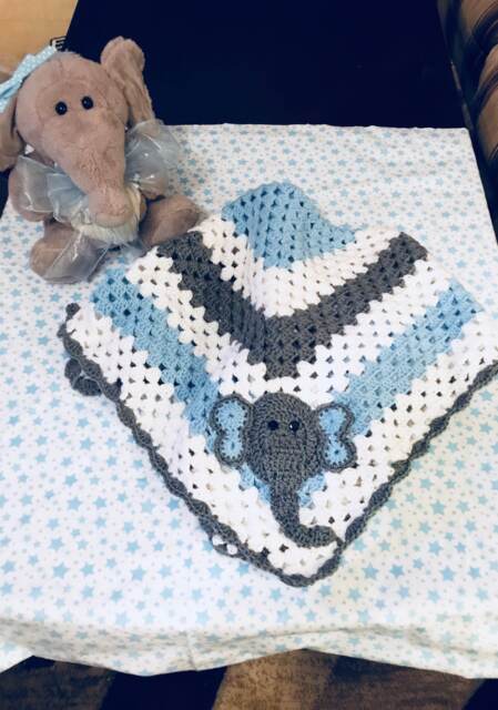 Handmade Crochet Baby Boy Blanket, Elephant Shower, Gift, Photo Prop - image 1