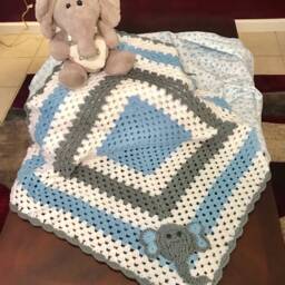 Handmade Crochet Baby Boy Blanket, Elephant Shower, Gift, Photo Prop - thumbnail 2