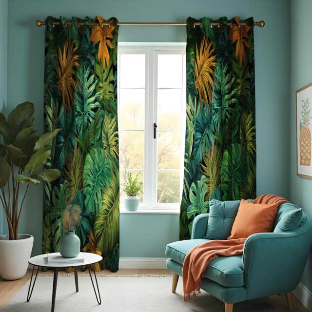 Tropical Greenery Curtain, Vibrant Botanical Drape, Green Palm Leaves Window Treatment, Monstera Home Decor For Living Room Or Bedroom - image 1