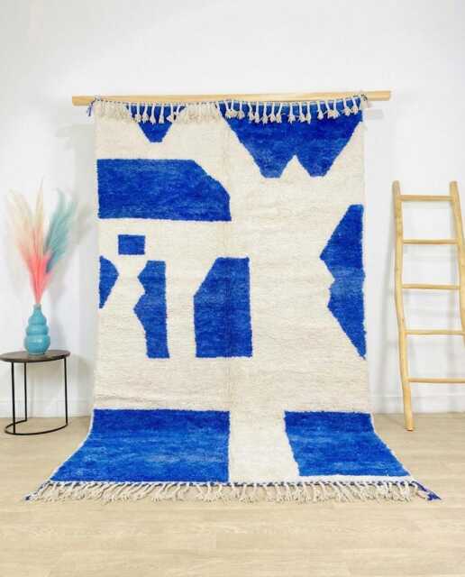 Moroccan White & Blue Berber Rug, Handwoven Wool Shag Abstract Block Pattern, Authentic Beni Ourain Carpet, Large 9x12 Area Rug - image 1
