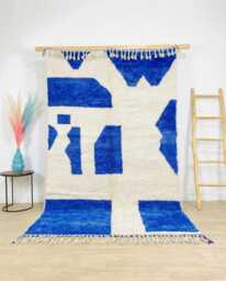 Moroccan White & Blue Berber Rug, Handwoven Wool Shag Abstract Block Pattern, Authentic Beni Ourain Carpet, Large 9x12 Area Rug - thumbnail 1