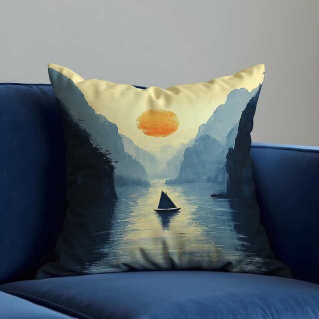 Serene Sunset Lake Cushion Cover, Tranquil Nature Landscape Throw Pillow Minimalist Boat & Mountains Art, Calming Home Decor - image 1