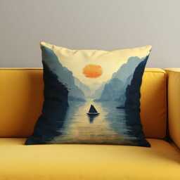 Serene Sunset Lake Cushion Cover, Tranquil Nature Landscape Throw Pillow Minimalist Boat & Mountains Art, Calming Home Decor - thumbnail 3