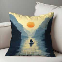Serene Sunset Lake Cushion Cover, Tranquil Nature Landscape Throw Pillow Minimalist Boat & Mountains Art, Calming Home Decor - thumbnail 4