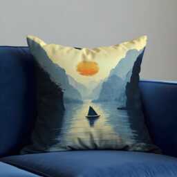 Serene Sunset Lake Cushion Cover, Tranquil Nature Landscape Throw Pillow Minimalist Boat & Mountains Art, Calming Home Decor - thumbnail 1