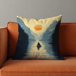 Serene Sunset Lake Cushion Cover, Tranquil Nature Landscape Throw Pillow Minimalist Boat & Mountains Art, Calming Home Decor - thumbnail 2